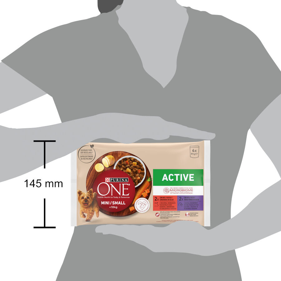 4 saquetas x 85 g One Mini Small Active Multipack Carne de Vaca e Pato com molho para c&atilde;es , , large Imagem n&uacute;mero 3